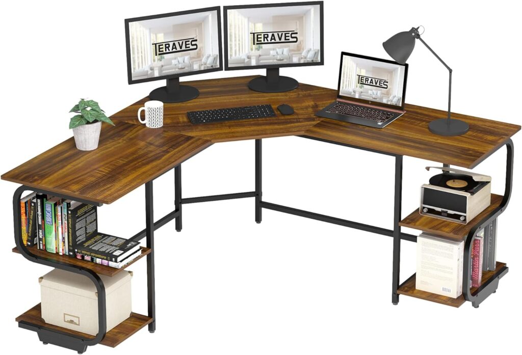 Teraves Modern L Shaped Desk with Shelves,Computer Desk/Gaming Desk for Home Office,Corner Desk with Large Desktop (Teak+Black Frame, Small+4 Tier Shelves)