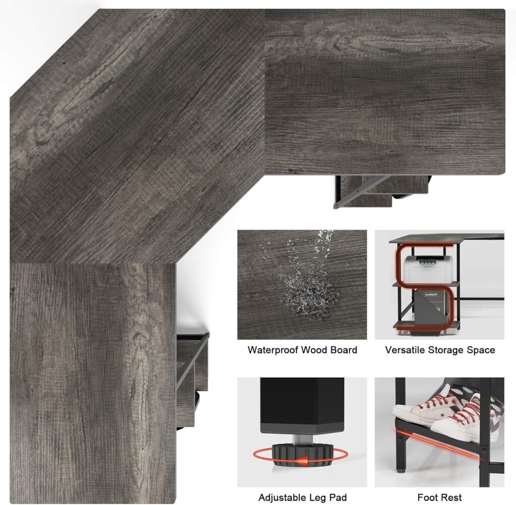 Teraves Modern L Shaped Desk with Shelves,Computer Desk/Gaming Desk for Home Office,Corner Desk with Large Desktop (Teak+Black Frame, Small+4 Tier Shelves)