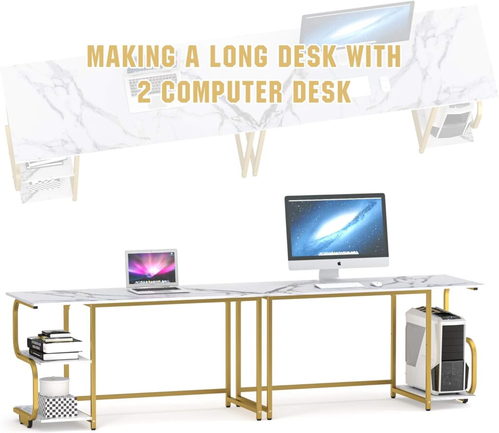 Teraves Reversible Computer Desk for Small Spaces with Shelves,Gaming Desk Office Desk for Home Office (55in, White+Gold Frame)