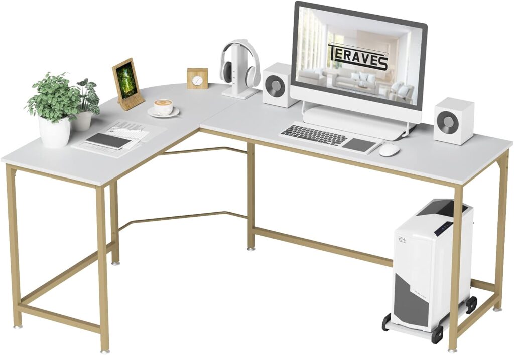 Teraves Reversible L Shaped Desk White - 66.1 Corner Gaming Computer Desk, Office Workstation Modern Home Study Writing Wooden Table