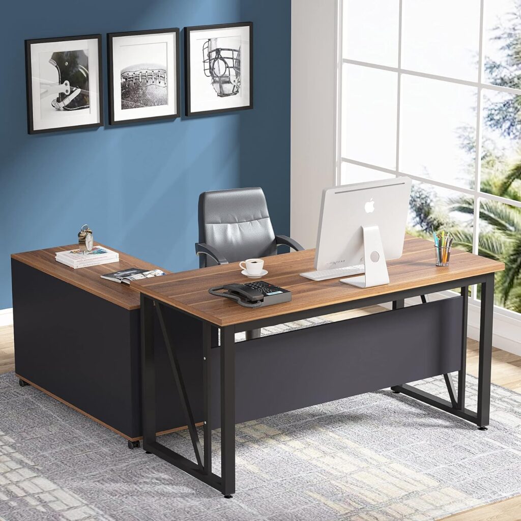 Tribesigns 55 inches Executive Desk and 43 lateral File Cabinet, L-Shaped Computer Desk Home Office Furniture with Drawers and Storage Shelves, Office Table with Cabinet (Walnut, 55)