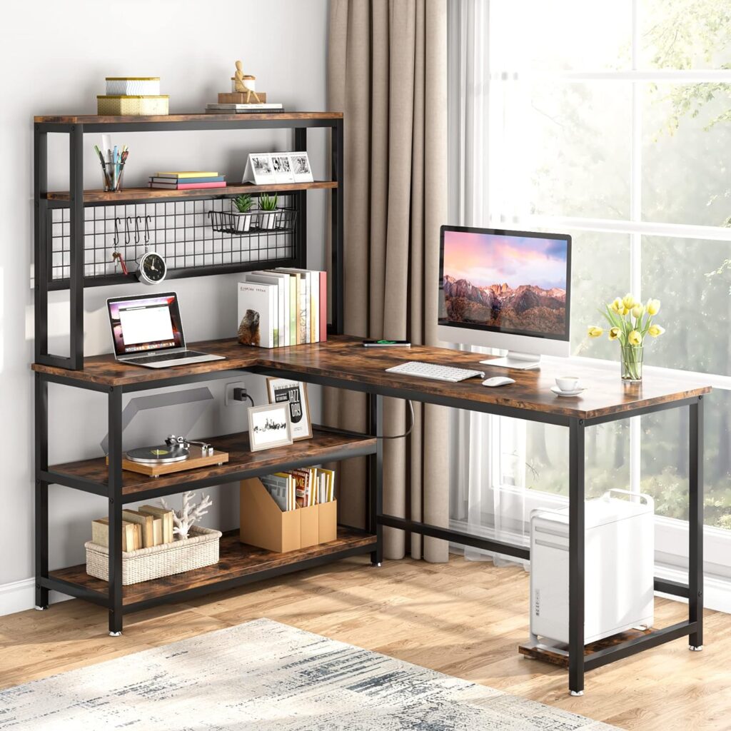 Tribesigns 55 Large Computer Desk with Wireless Charging 5 Storage Shelves, Office Desk Study Table Writing Desk Workstation with Hutch Bookshelf for Home Office (Brown)