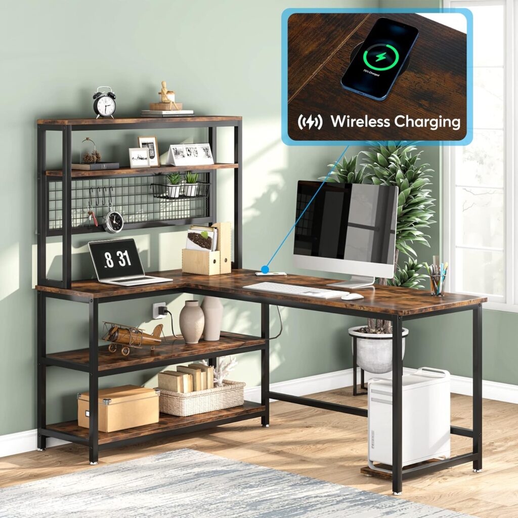 Tribesigns 55 Large Computer Desk with Wireless Charging 5 Storage Shelves, Office Desk Study Table Writing Desk Workstation with Hutch Bookshelf for Home Office (Brown)