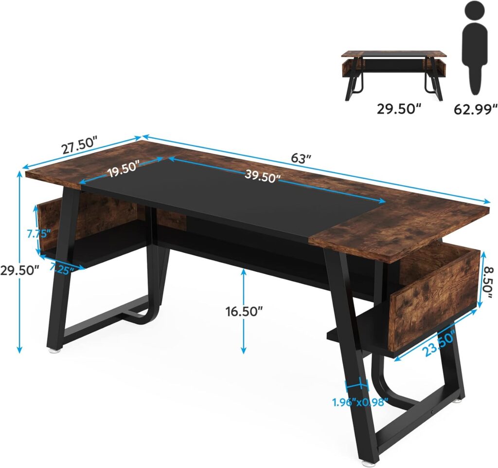 Tribesigns 63 Inches Desk with Bottom Shelves, Large Executive Desk, Computer Desk for Home Office, Business Workstation, Color Combination Table, Black and Brown