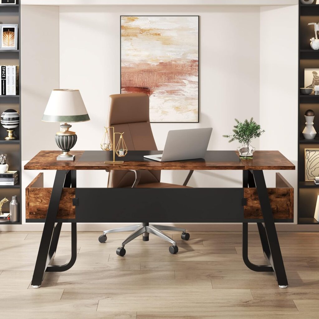 Tribesigns 63 Inches Desk with Bottom Shelves, Large Executive Desk, Computer Desk for Home Office, Business Workstation, Color Combination Table, Black and Brown