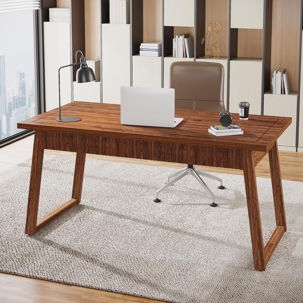 Tribesigns Home Office Executive Desk: 55 Inches Solid Wood Computer Desk with Drawer, Mid-Century Modern Study Writing Table, Rustic PC Laptop Desk Workstation Furniture, Walnut Brown