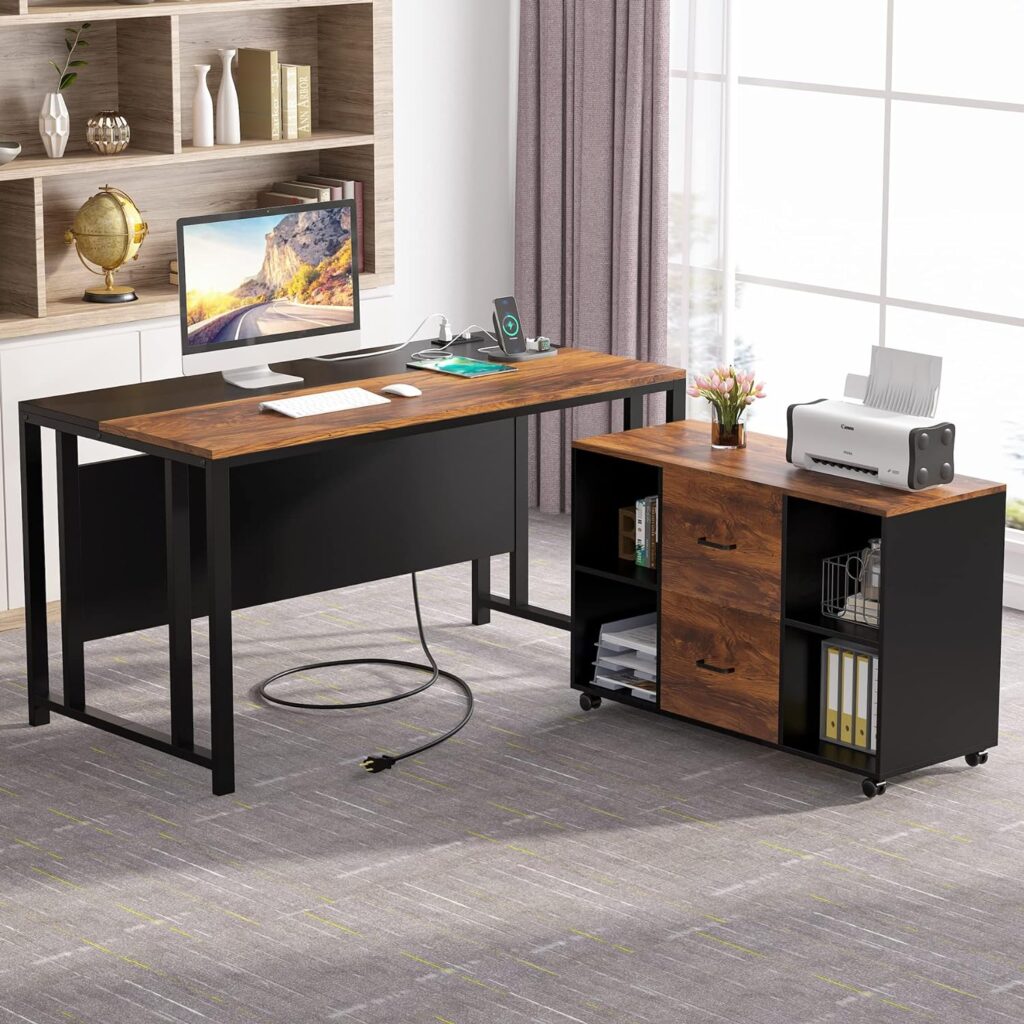 Tribesigns L-Shaped Computer Desk with Power Outlet and Drawer Cabinet, 55 inch Large Executive Office Desk Business Furniture with 40 inch Lateral File Cabinet Printer Stand for Home Office,Brown