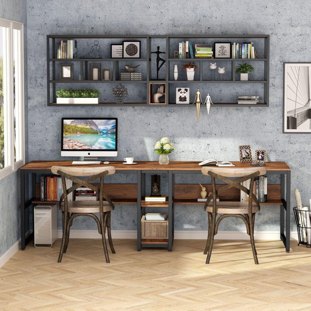 Tribesigns Two Person Desk with Bookshelf, 78.7 Computer Office Double Desk for Two Person, Rustic Writing Desk Workstation with Shelf for Home Office (Brown)