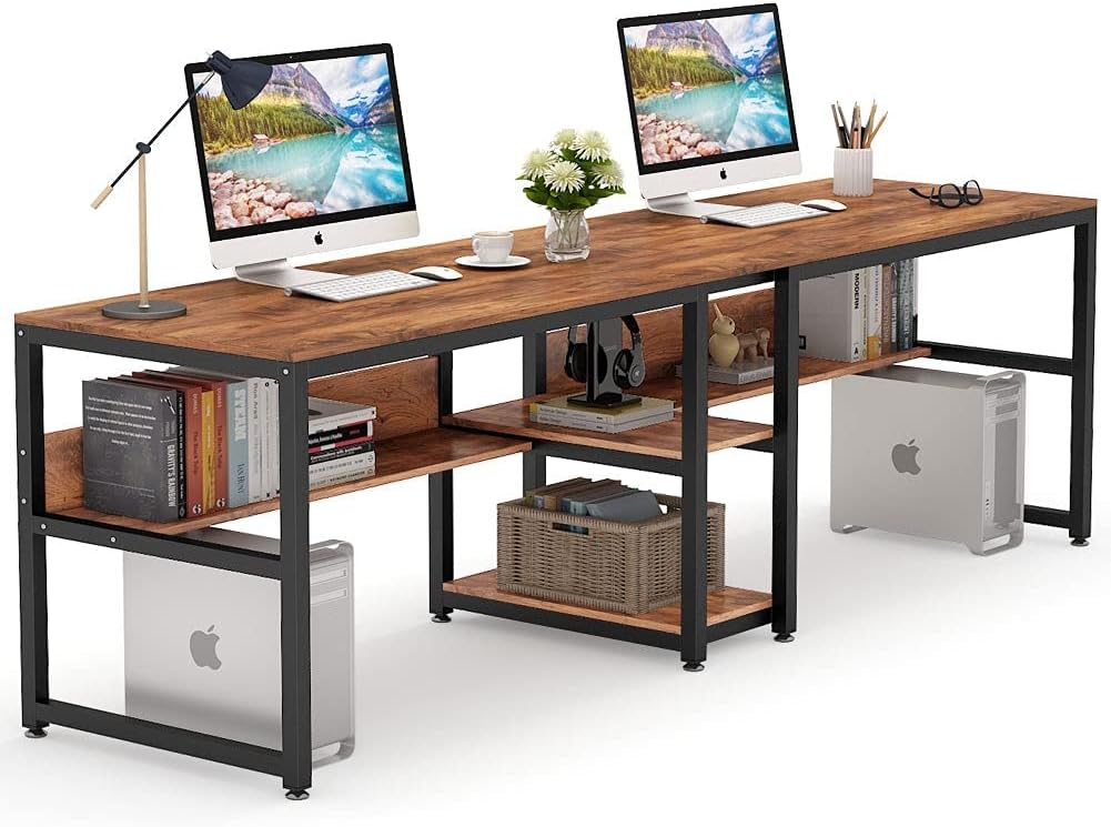 Tribesigns Two Person Desk with Bookshelf, 78.7 Computer Office Double Desk for Two Person, Rustic Writing Desk Workstation with Shelf for Home Office (Brown)