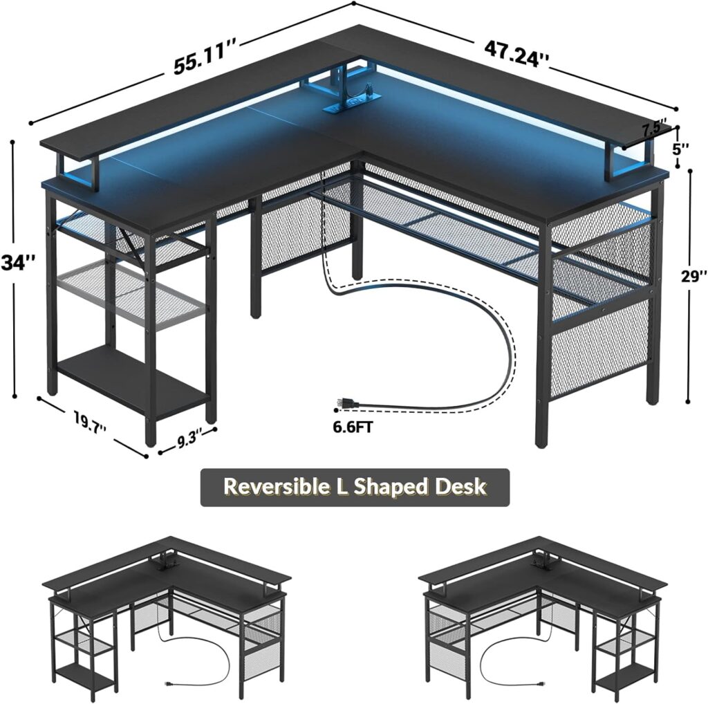 Unikito L Shaped Desk with LED Strip and Power Outlets, Reversible Corner Computer Desks with Monitor Stand and Storage Shelf, Modern Gaming Table, Home Office Desk with USB Ports, Black