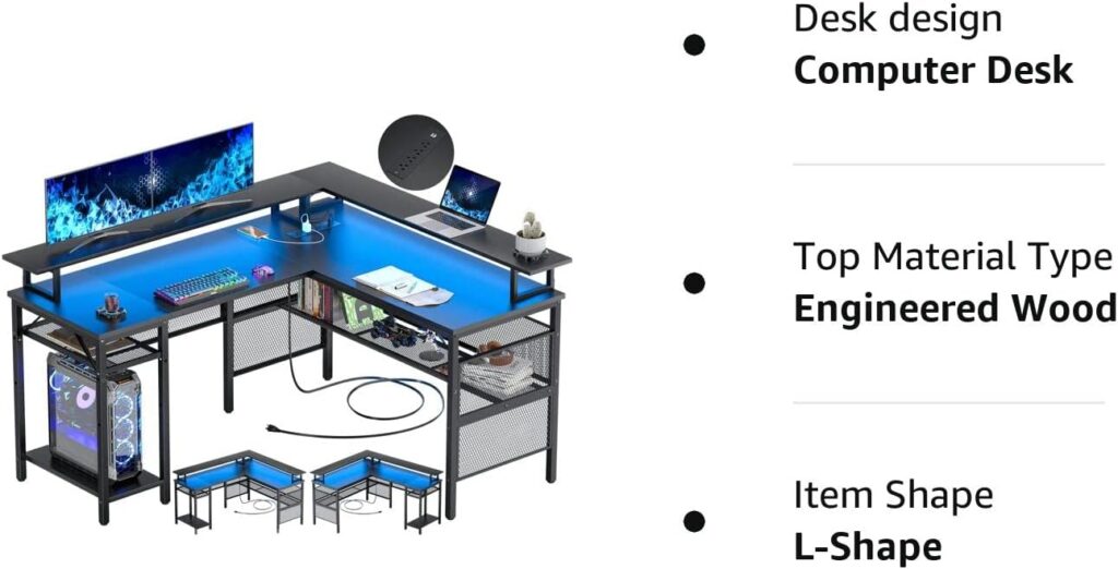 Unikito L Shaped Desk with LED Strip and Power Outlets, Reversible Corner Computer Desks with Monitor Stand and Storage Shelf, Modern Gaming Table, Home Office Desk with USB Ports, Black