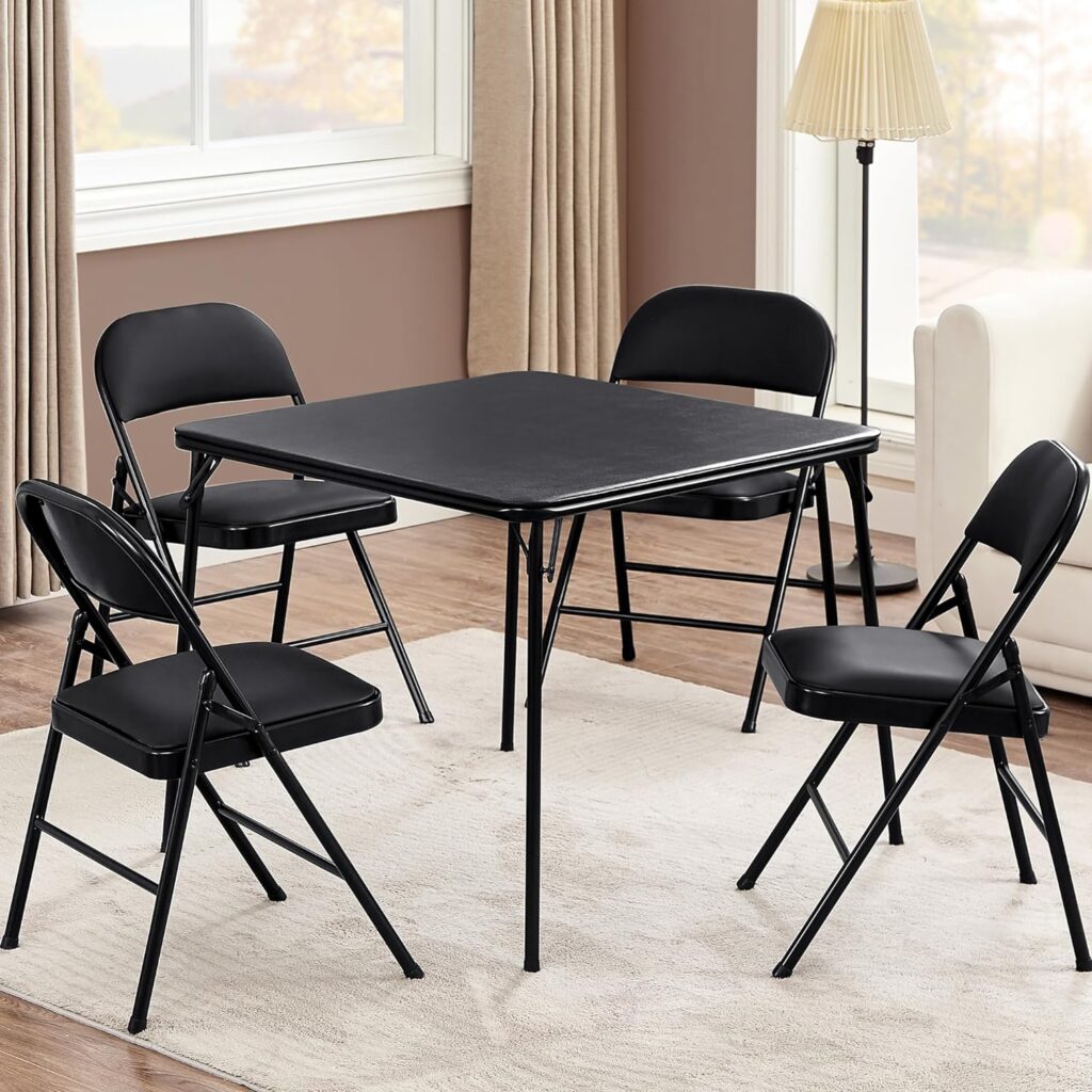 VECELO Portable Folding Card Table Square and Chair Sets with Collapsible Legs  Vinyl Upholstery (5 PCS), Metal, Black