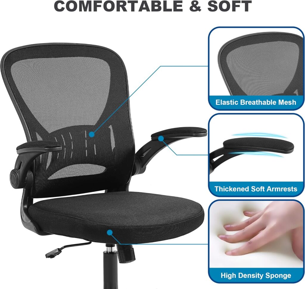 Youhauchair Mesh Office Chair, Ergonomic Computer Chair with Flip-up Arms and Lumbar Support, Height Adjustable Home Office Desk Chairs, Black