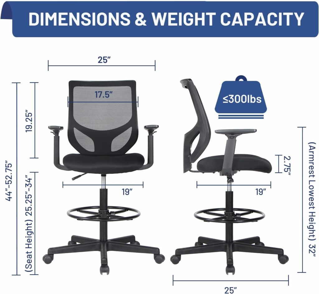 ZUNMOS Drafting Tall Office, High, Ergonomic Mesh Computer Task Table Chairs with Adjustable Armrests and Foot-Ring for Standing Bar Height Desk, 25D x 25W x 52.7H in, Black