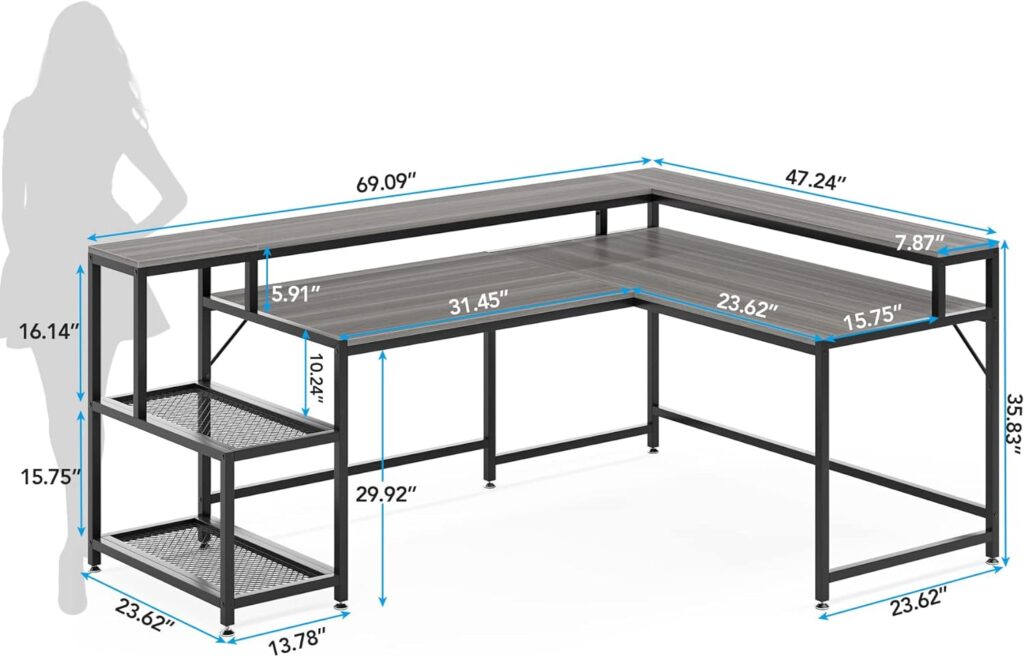 Tribesigns 69 Inch L Shaped Desk with Monitor Stand, Large Reversible Corner Desk with Storage Shelf, Industrial Computer Table Writing Desk for Home Office, Gray