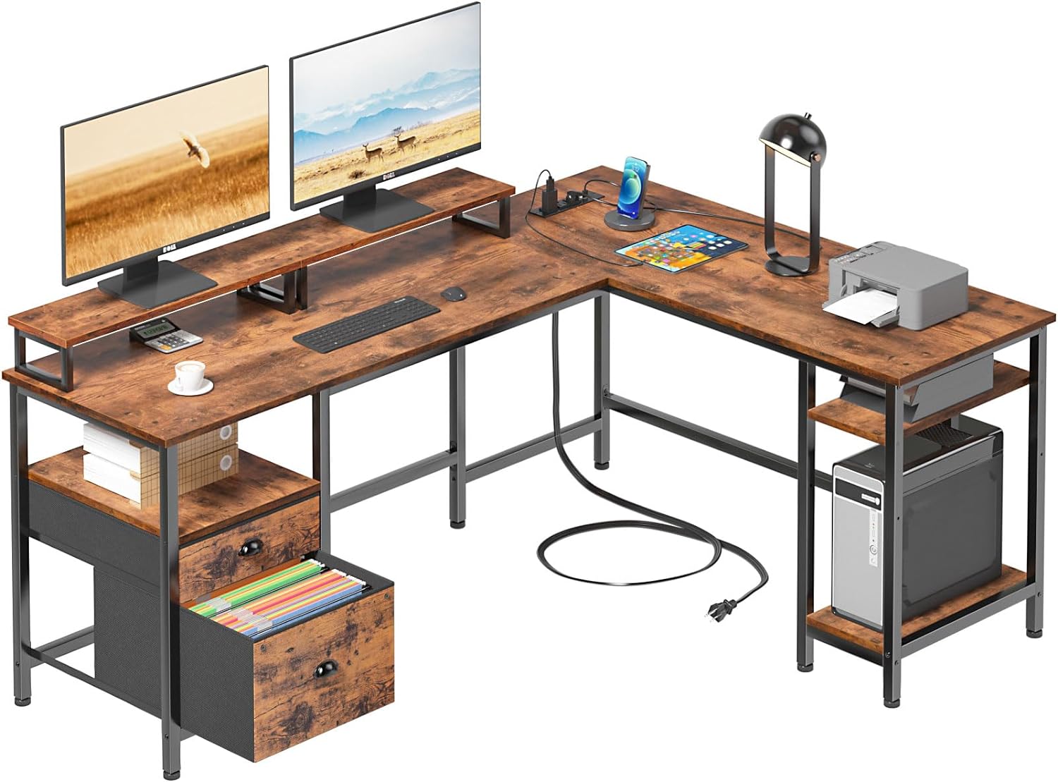 Furologee 66” L Shaped Desk with Power Outlet, Reversible Computer Desk with File Drawer  2 Monitor Stands, Home Office Desk with Storage Shelves, Corner Desk for Gaming Writing, Rustic Brown